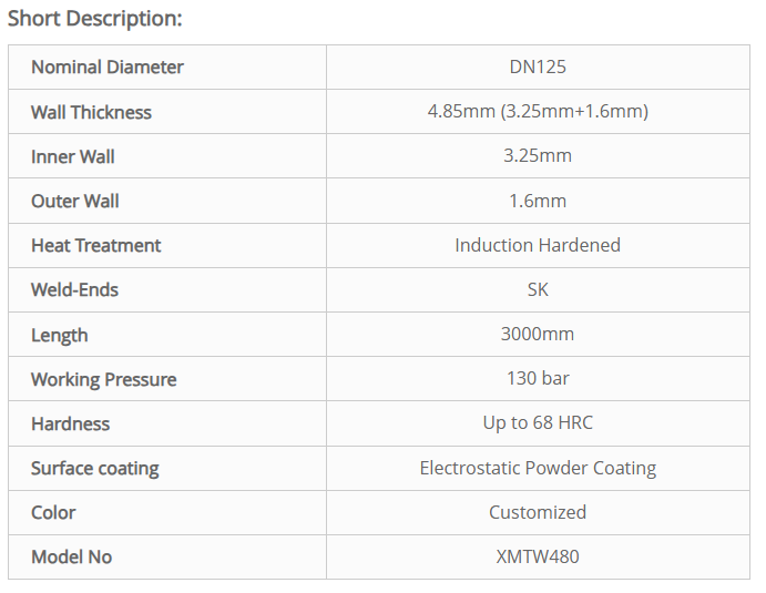 Twin Wall Concrete Delivery Boom Pipe DN125*4.85mm (3.25+ 1.6)*3000mm